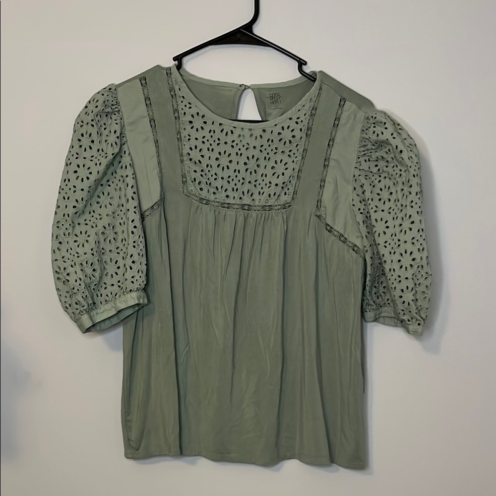Matilda Jane Green Puff Sleeve Blouse with Bib Collar Good Hart Collection